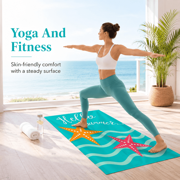 Vibrant Turquoise Hello Summer Microfiber Beach Towel 30x60 - Sandless Fast Drying Aqua Blanket with Starfish Typography Accent, Cute Pool Towels for Ladies