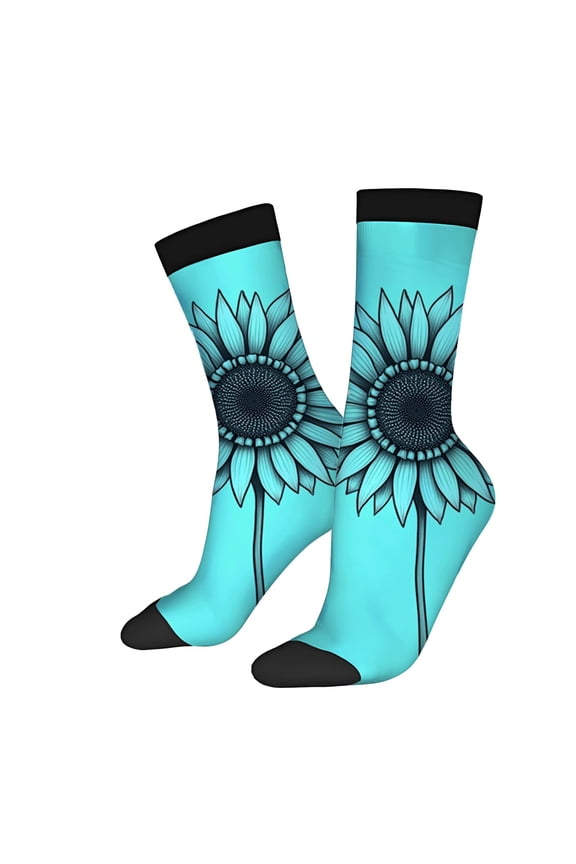 Vibrant Turquoise Socks with Black Sunflower Design - 2 Pairs of Unisex Trendy Mixed Color Socks for All Seasons