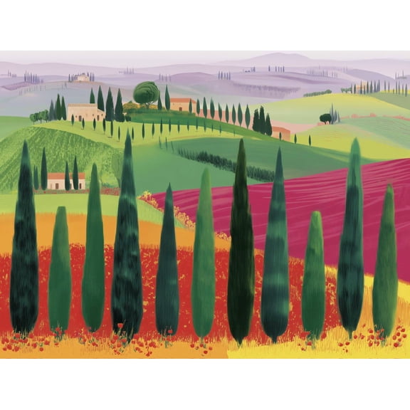 Vibrant Tuscan Landscape Poster, Rolling Hills Cypress Trees, Italian Countryside Wall Art, Poster Only
