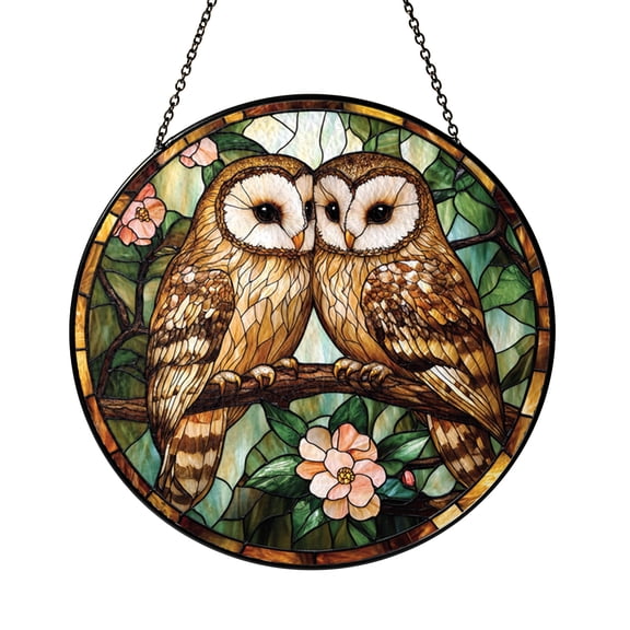 Vibrant Two Owls Stained Glass Round Suncatcher, Window Hanging, Nature-Themed Home Decor, Gift Idea for Garden or Bird Lovers