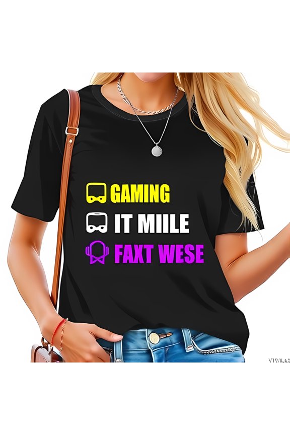 Vibrant Typography Cotton Short Sleeve T-Shirt for Gamers - Bold Colors & Playful Phrases on Black Tee