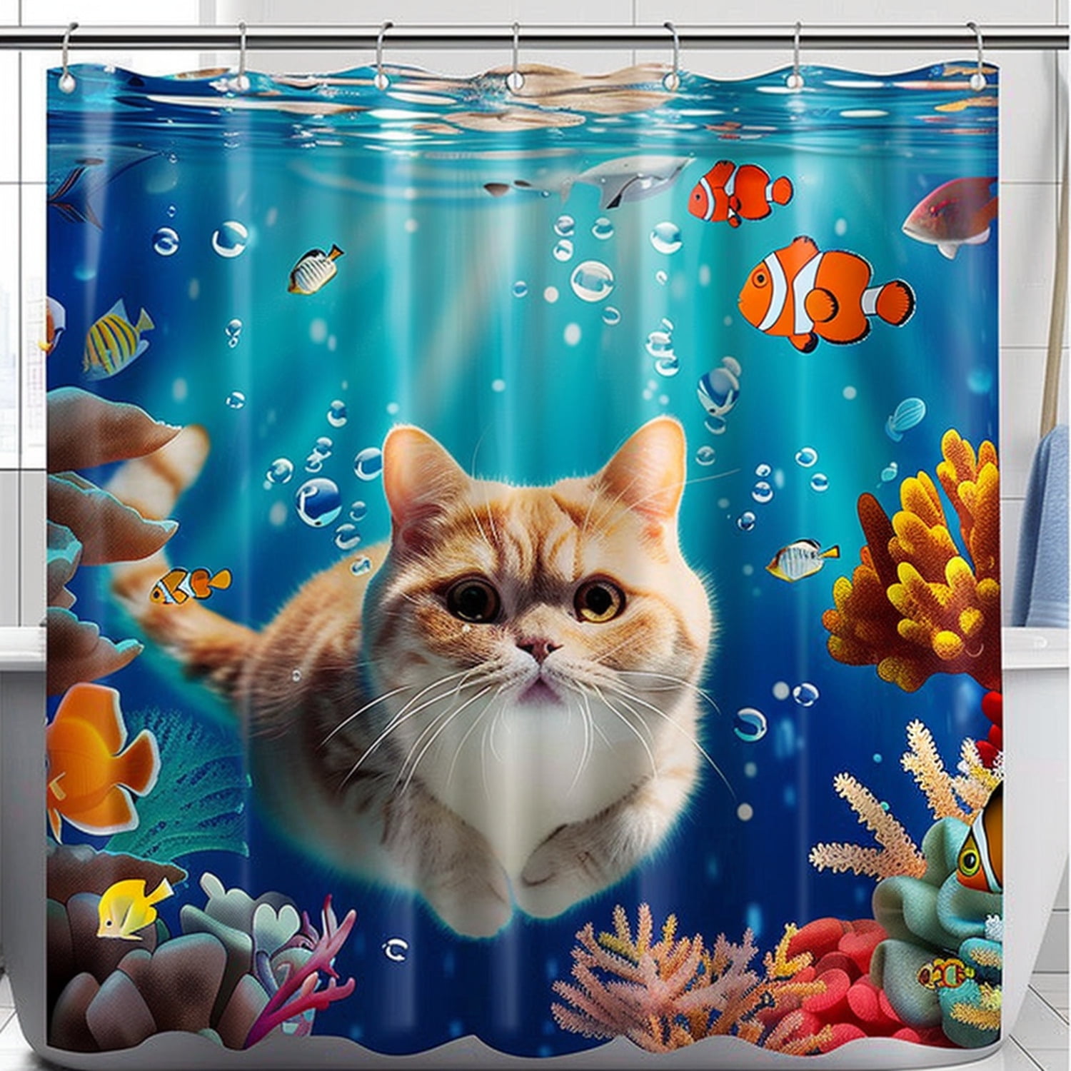 Vibrant Underwater Cat Shower Curtain with Colorful Fish and Corals