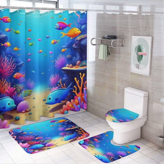Vibrant Underwater Coral Reef Scene Shower Curtain Bathroom Sets Toilet Lid Rug, Bath Mat And Contour Mat, Shower Curtain 4Pcs