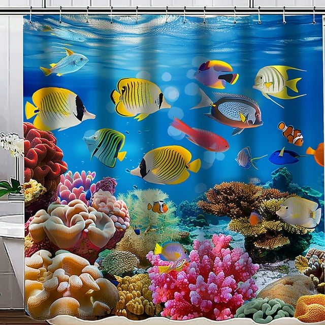 Vibrant Underwater Coral Reef Shower Curtain Colorful Fish & Sea Life