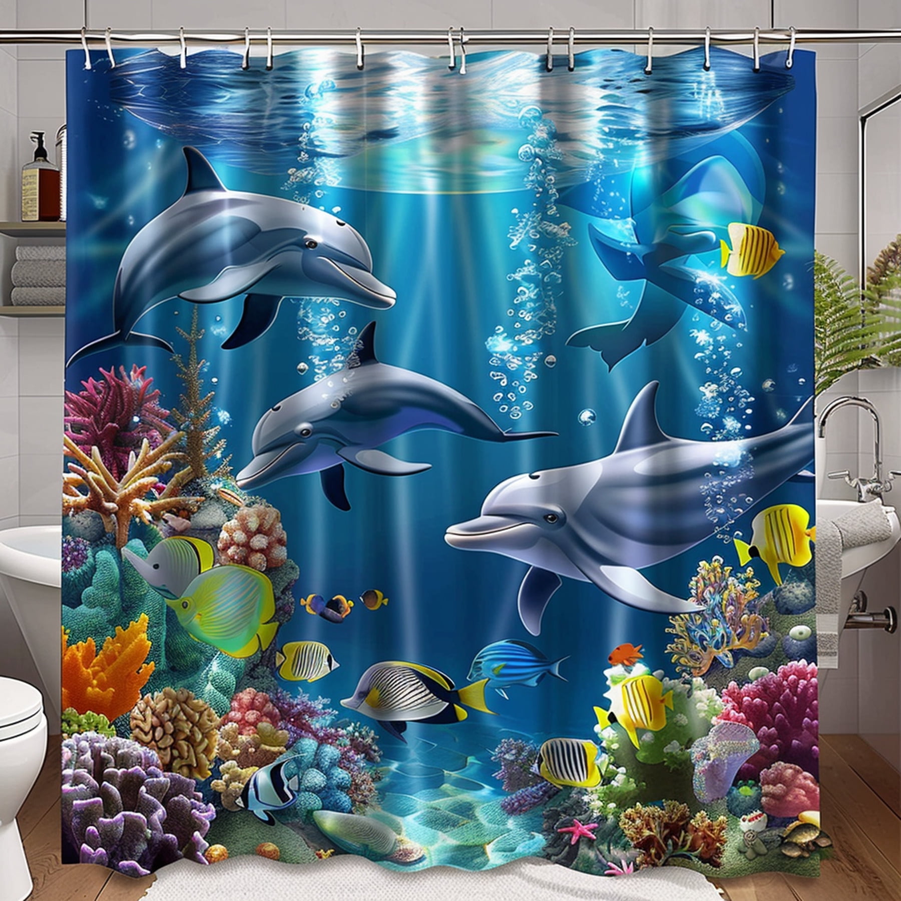 Vibrant Underwater Dolphins Shower Curtain Realistic Cartoon Style