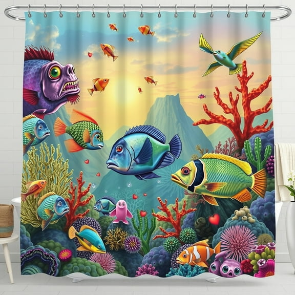 Vibrant Underwater Scene Shower Curtain with Tropical Fish & Coral - Colorful Ocean Decor