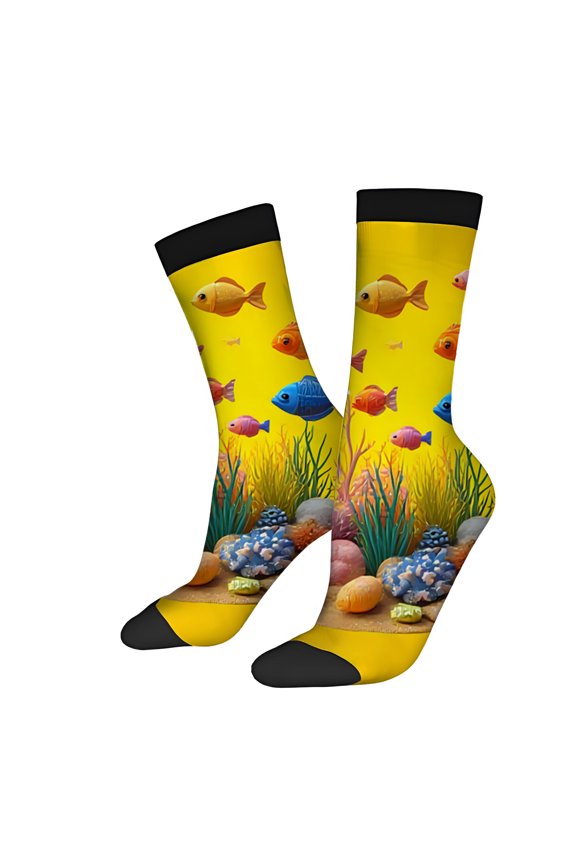 Vibrant Underwater Scene Socks (2 Pairs) - Colorful Fish & Coral Design Unisex Trendy Mixed Color Socks for All Seasons