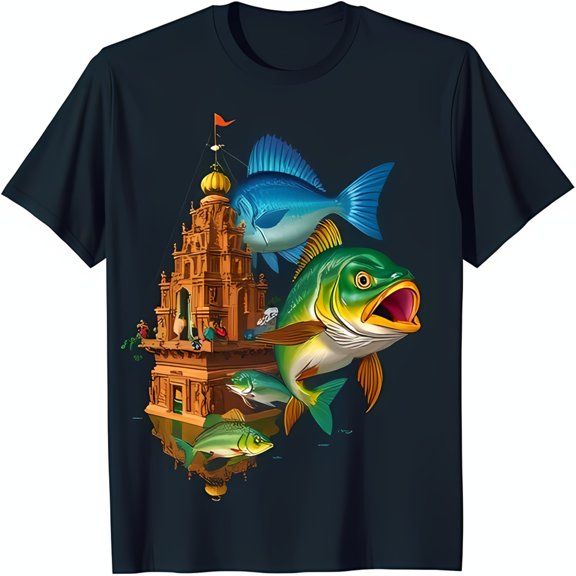 Vibrant Underwater Temple Graphic Tee Colorful Fish & Design on Black T-Shirt