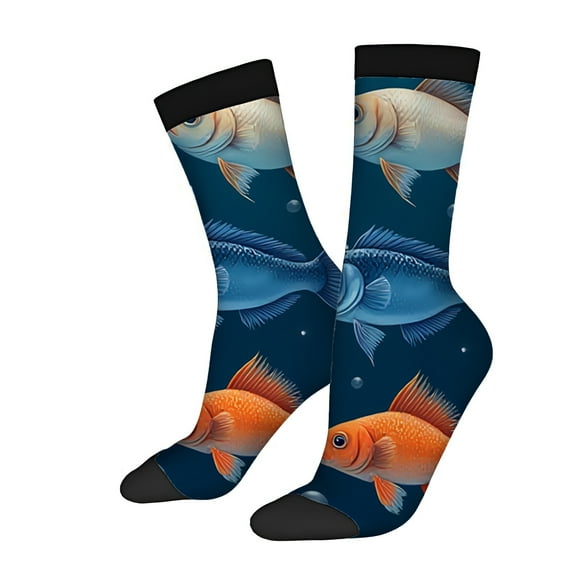 Vibrant Underwater Theme Socks (2 Pairs) - Dark Blue with Colorful Fish & Bubbles Unisex Trendy Design Perfect for All Seasons Mixed Color Fun