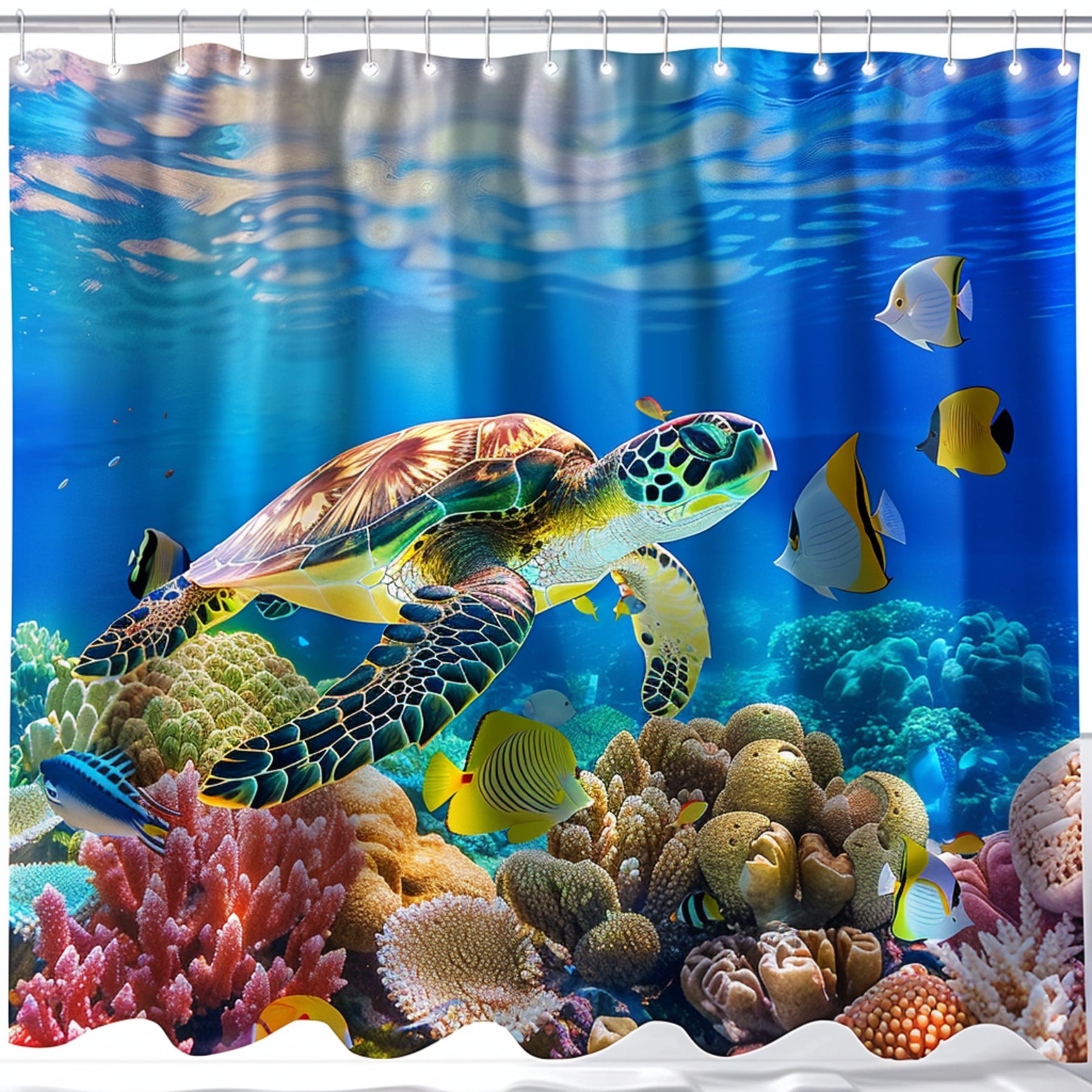 Vibrant Underwater World Shower Curtain Turtle Swimming Among Colorful