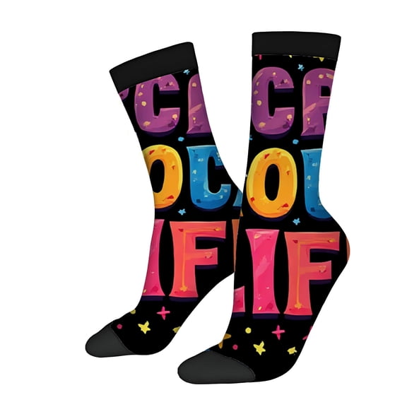 Vibrant Unisex Socks - 2 Pairs of Colorful Bold Letter Design on Black Background with Stars & Dots - Trendy for All Seasons
