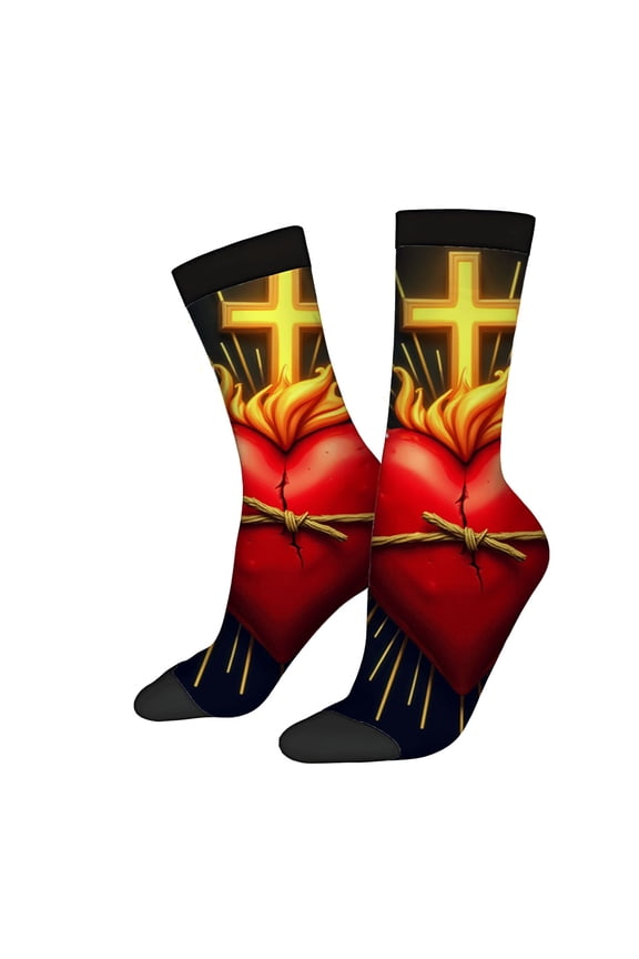 Vibrant Unisex Socks - 2 Pairs with Bold Heart & Cross Design Surrounded by Flames Perfect for All Seasons