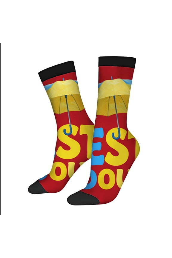 Vibrant Unisex Socks - 2 Pairs with Bold Red Yellow & Blue Umbrella Design Featuring ' TEST ' & ' DOU ' Text Trendy & Fun