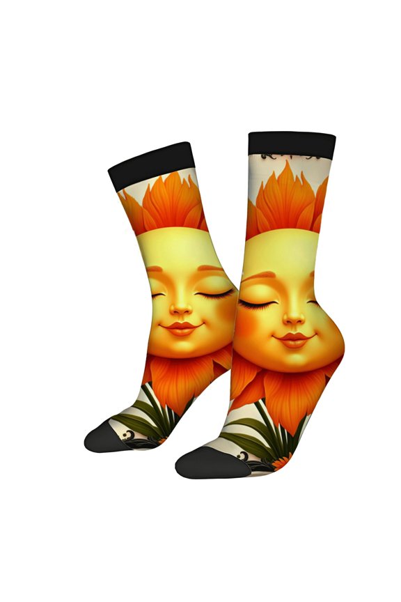 Vibrant Unisex Socks - 2 Pairs with Cheerful Sun & Orange Flowers Design Trendy Mixed Colors for All Seasons