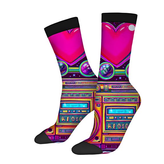Vibrant Unisex Socks - 2 Pairs with Colorful Heart & Retro Boombox Design Perfect for All Seasons Trendy Mixed Colors