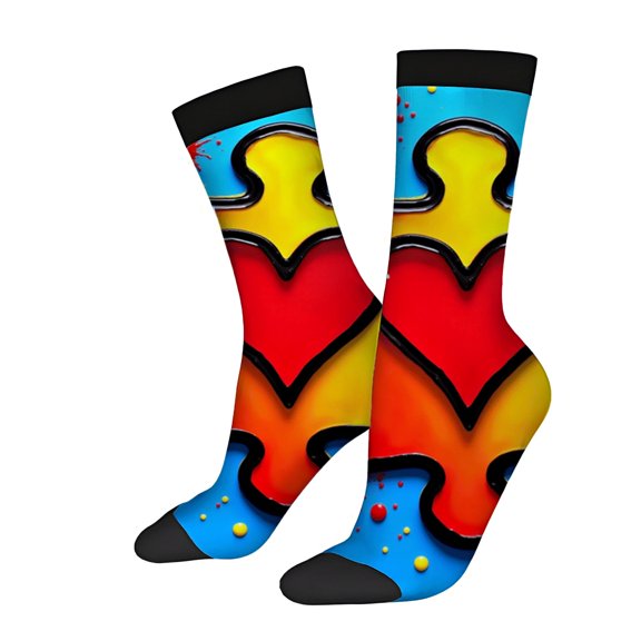 Vibrant Unisex Socks - 2 Pairs with Colorful Puzzle Piece & Heart Design on Bright Blue Background Perfect for All Seasons
