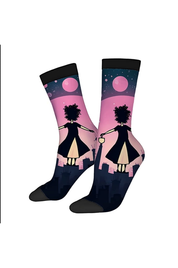 Vibrant Unisex Socks 2 Pairs with Curly Hair Silhouette Floating Platform Pink & Purple Night Sky Stars & Moon Design