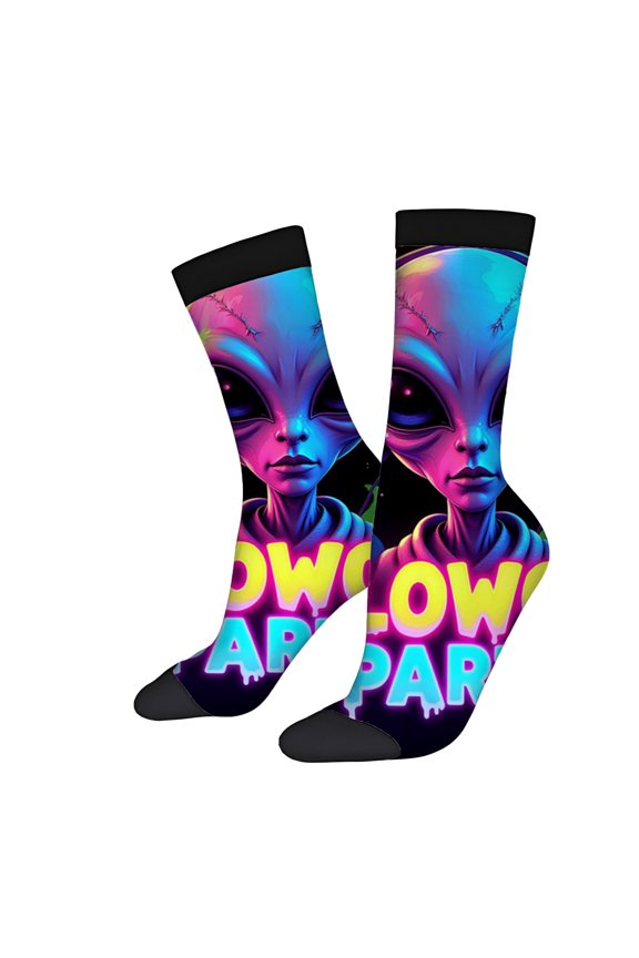 Vibrant Unisex Socks - 2 Pairs with Extraterrestrial Design Neon Colors & ' LOW PARADE ' Text Trendy Mixed Color Pattern