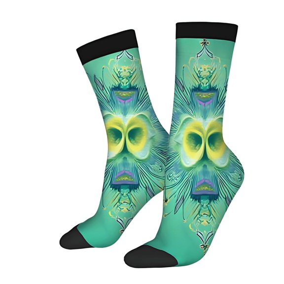Vibrant Unisex Socks - 2 Pairs with Teal Background Intricate Colorful Patterns & Symmetrical Mask Motif Perfect for All Seasons
