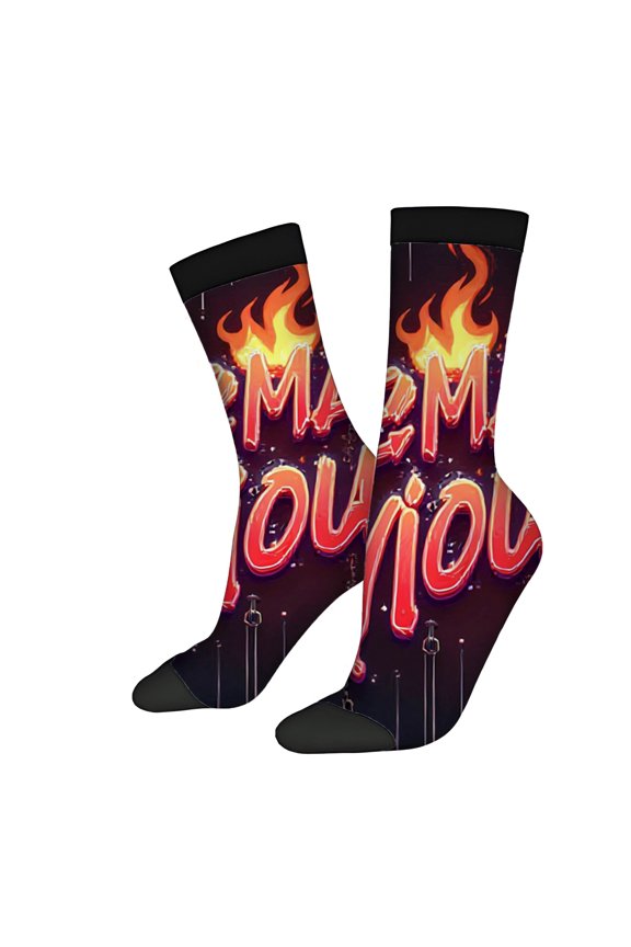 Vibrant Unisex Trendy Socks - 2 Pairs with Bold ' MAMOUJOU ' Design Flame Accents Dark Gradient Background Perfect for All Seasons