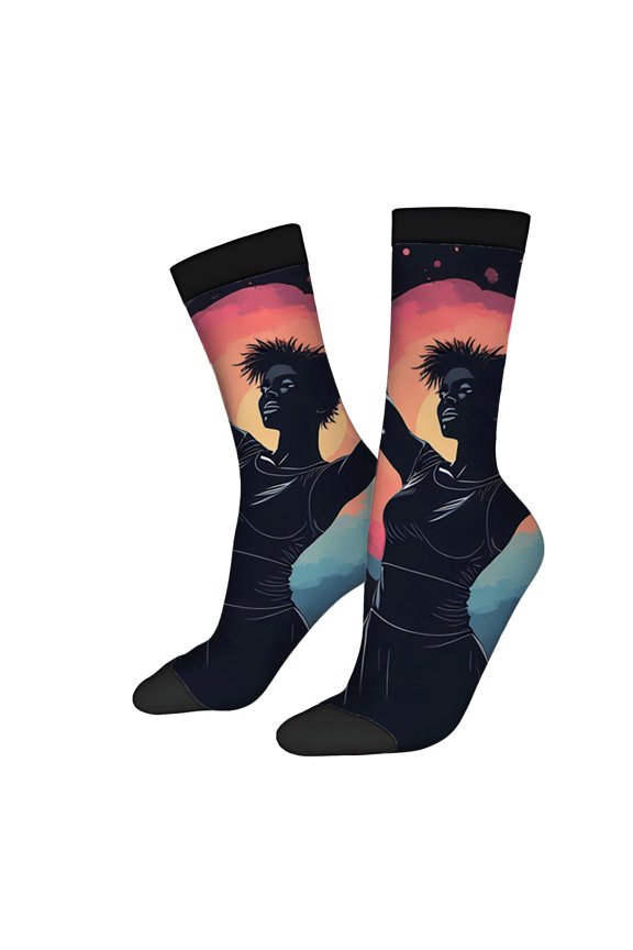 Vibrant Unisex Trendy Socks - 2 Pairs with Dynamic Spiky Hair Silhouette Design on Colorful Sunset Background - Four Seasons Style