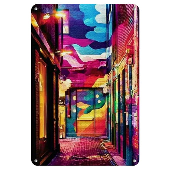 Vibrant Urban Street Scene Metal Wall Art - 8x12 Inch Iron Decor with Colorful Lights & Shadows, Retro Style Wall-Mounted Home and Office Decoration, Metal Wall Art Decor