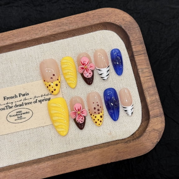 Vibrant Vacation Press On Nails for Women Almond Medium Joyful Hawaiian Pattern in Rainbow Colors Acrylic Handmade Nail