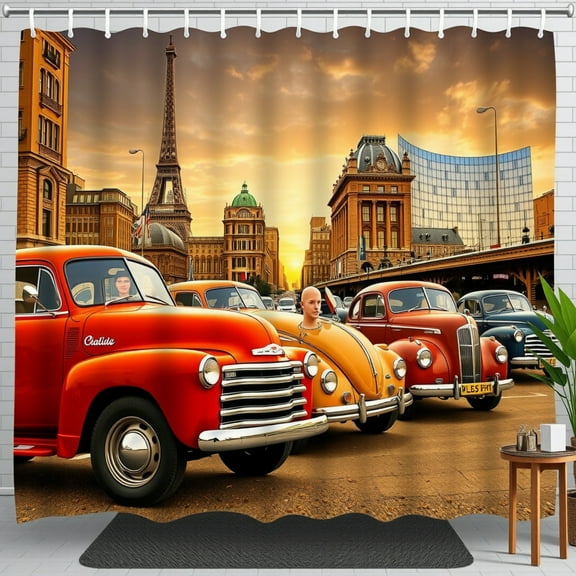 Vibrant Vintage Car Shower Curtain - Nostalgic Cityscape Design