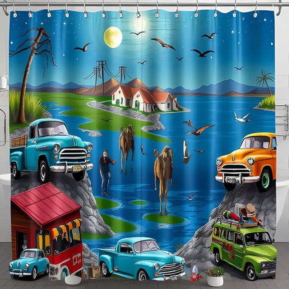 Vibrant Vintage Landscape Shower Curtain - Full Moon Retro Cars Camels & Tranquil Water Scene - Perfect for Bathroom Décor