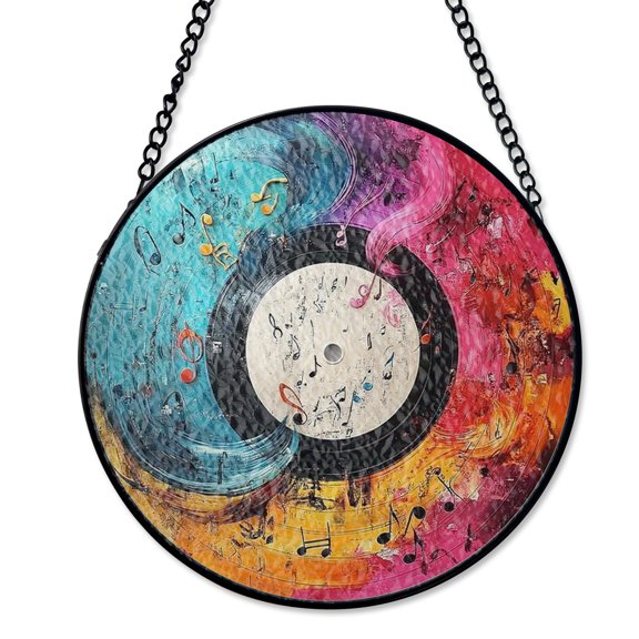 Vibrant Vinyl Record Musical Note Stained Glass Suncatcher Home Office Studio Wall Hanging