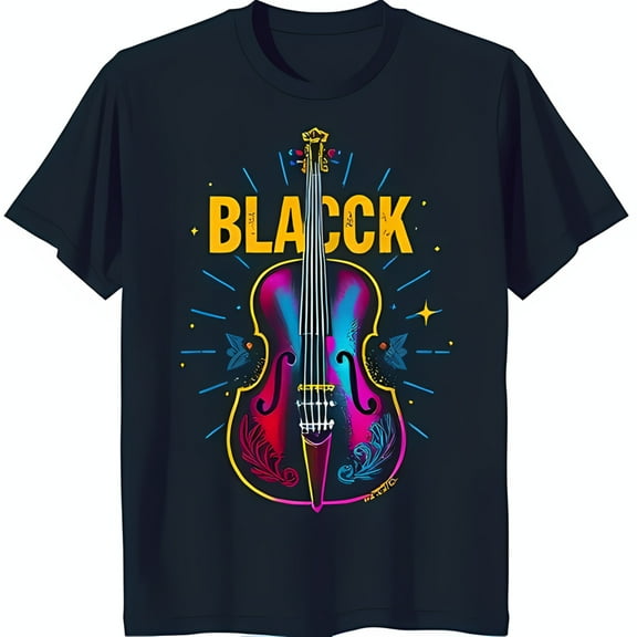 Vibrant Violin Graphic T-Shirt Colorful Music Design on Black Tee