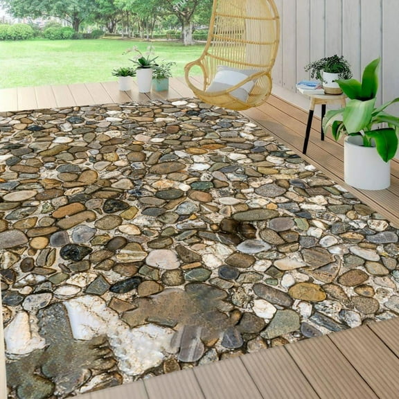 Vibrant Visual Pebble Pattern Texture Outdoor Area Rug For Porch Patio Balcony Pool Durable Washable Waterproof Brown Outside Rugs In Garden Front Yard Deck Modern Rustic Carpet 5x6ft