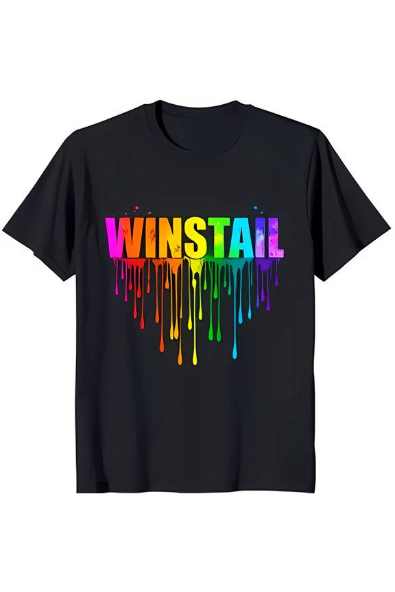 Vibrant WINSTAIL Rainbow Dripping Design Black T-Shirt for Art Lovers