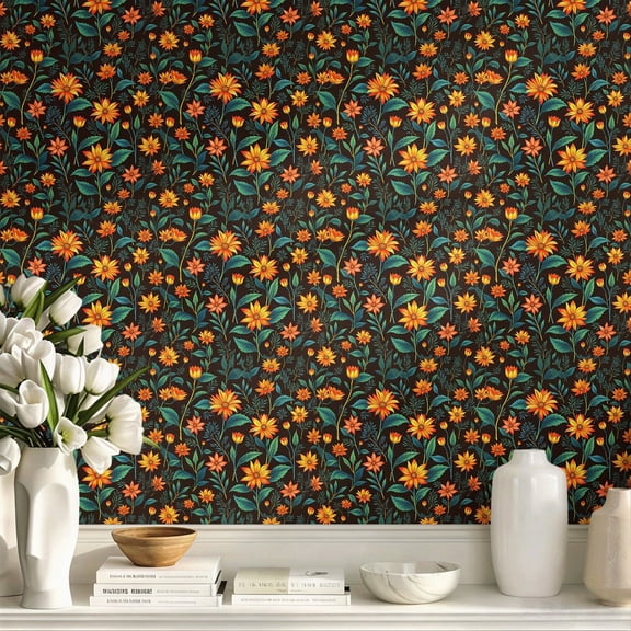 Vibrant Warm Orange Yellow Floral Dark Background Boho Vintage Rustic Stick Wallpaper, Exquisite Stunning Wall Art Wall Decor Art for Wall, Perfect for Living Room Bedroom Apartment Home Decor