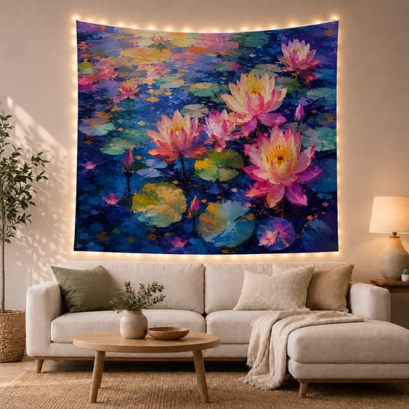 Vibrant Water Lilies on a Pond, Serene Impressionist Style for Art Lovers, Nature Inspired Decor, Birthday Gift Tapestry Wall Hanging for Bedroom and Living Room
