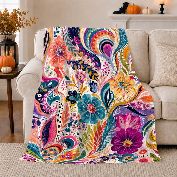 Vibrant Watercolor Blooms On Beige Sofa With Halloween Accents Cozy Bohemian Flannel Blanket For Art Lovers Halloween Gift Soft Home Decor In Living Room And Family Room