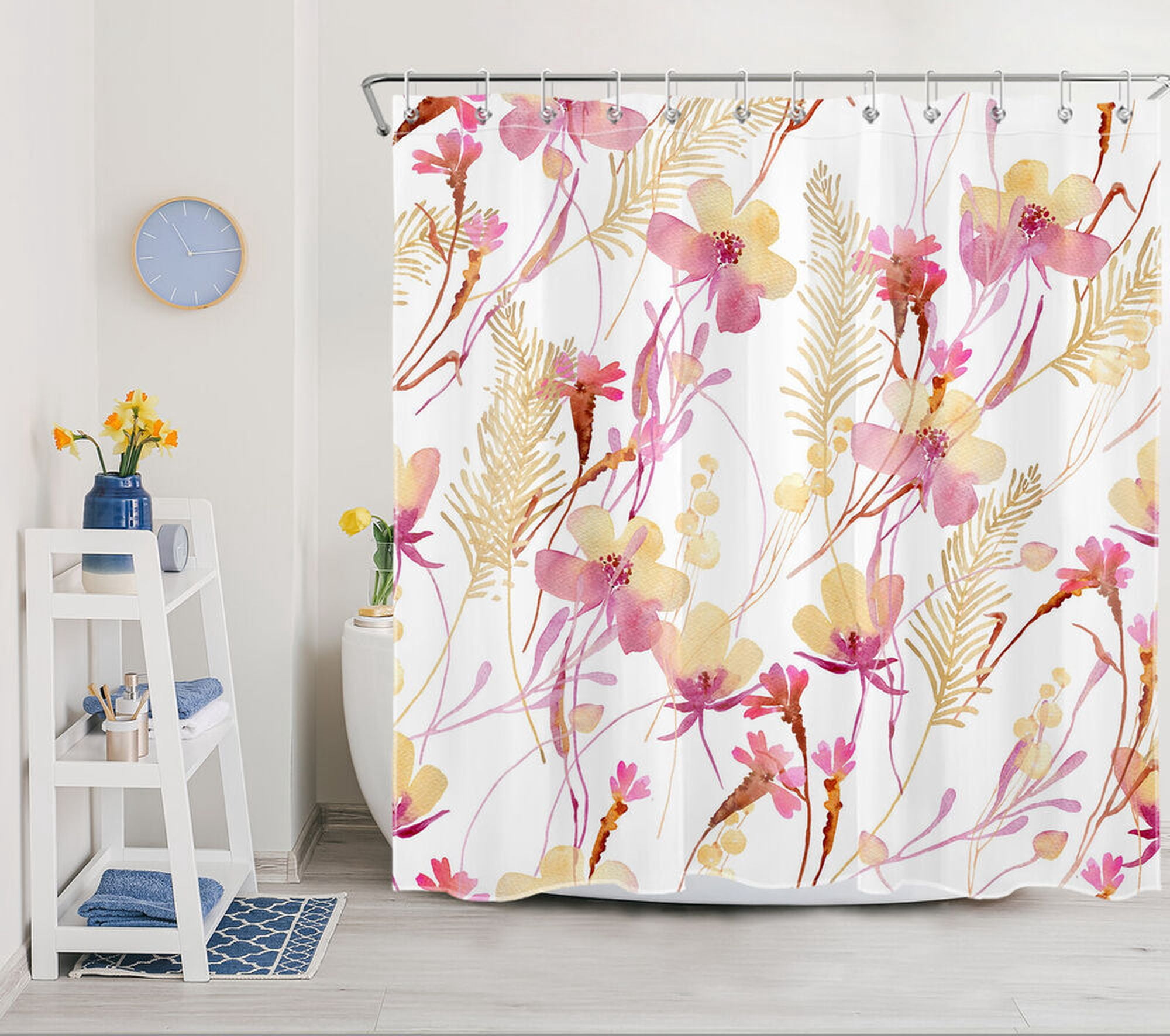 Vibrant Watercolor Botanical Shower Curtain with Leaves and Flowers for ...
