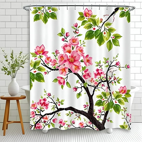 Vibrant Watercolor Cherry Blossom Shower Curtain - Elegant Floral Design for Bathroom Decor