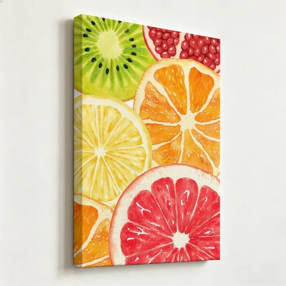 Vibrant Watercolor Citrus and Kiwi Fruit Slices Canvas Wall Art, Fresh Summer Kitchen Decor, Matte Finish Gallery Wrapped Tropical Artwork 8*12