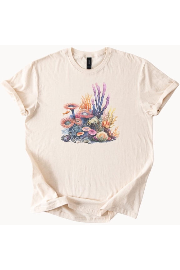 Vibrant Watercolor Coral Reef Graphic Tee Ocean Life Seaweed Fish Anemone Shirt Marine Biology Nature Lover Gift Idea Unisex Tee Birthday Gifts; For Men & Women