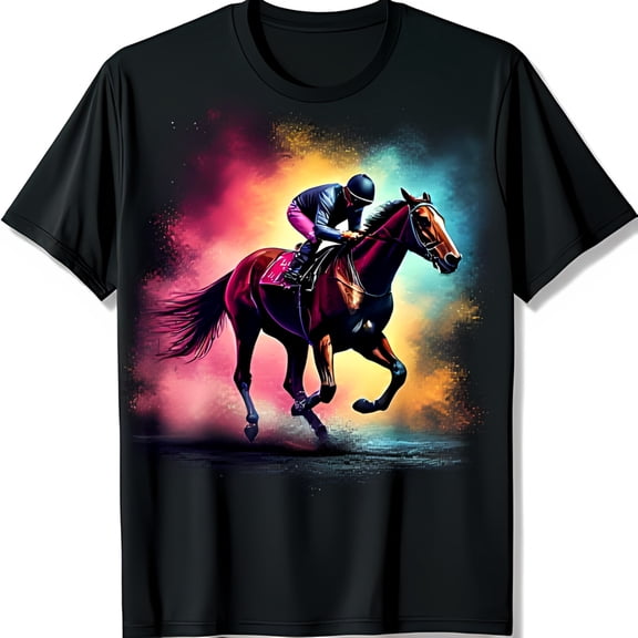 Vibrant Watercolor & Dark Brown Horse T-Shirt Exciting Horse Racing Design