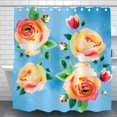 thumbnail image 1 of Vibrant Watercolor Floral Shower Curtain - Elegant Peach Pink & Yellow Roses on Light Blue Background - Serene Bathroom Decor, 1 of 5