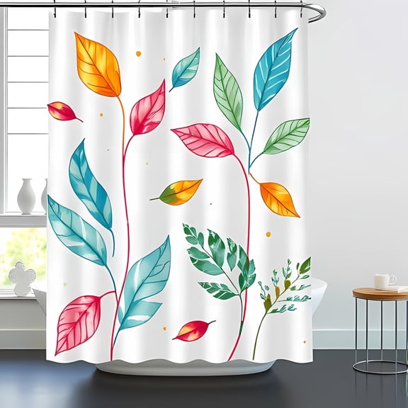Vibrant Watercolor Leaf Shower Curtain - Teal Pink Orange & Green Modern Nature-Inspired Design for a Cheerful Bathroom