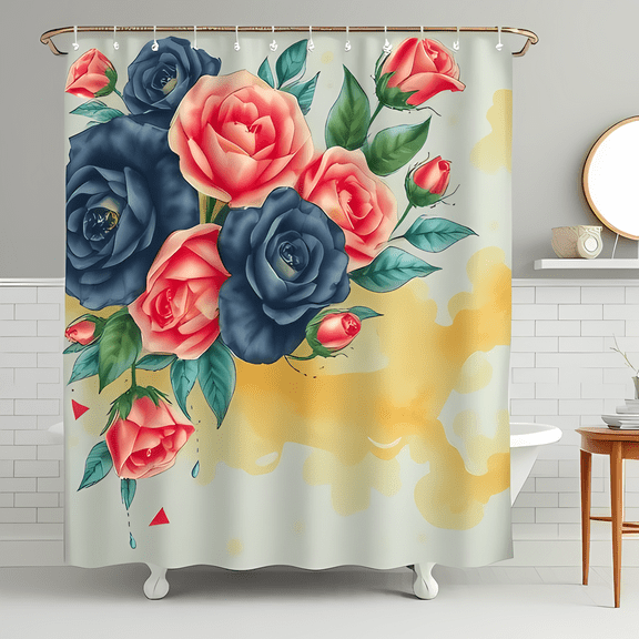 Vibrant Watercolor Rose Shower Curtain - Navy Blue & Coral Floral Design Lifelike Detail Whimsical Water Droplets