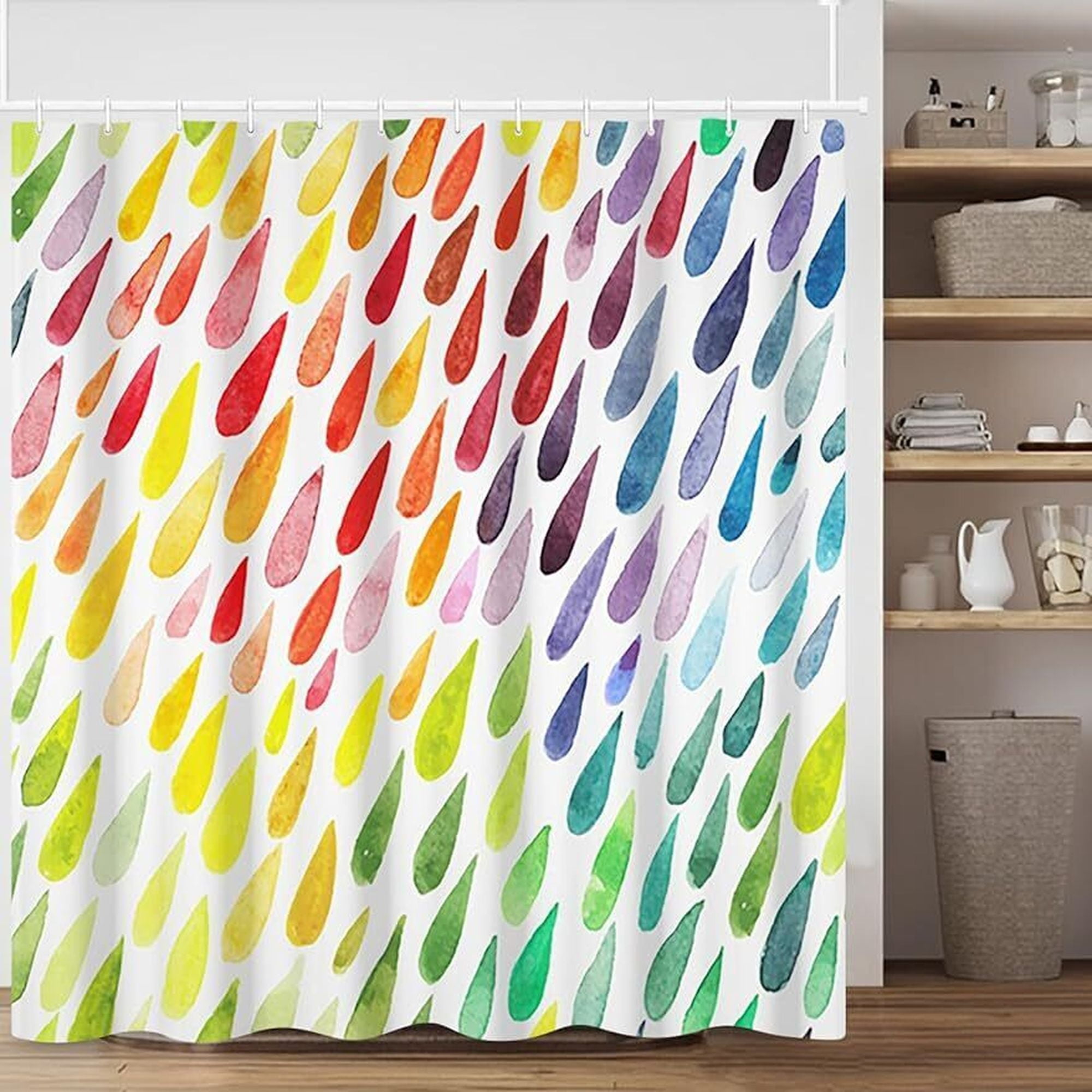 Vibrant Watercolor Shower Curtain with Rainbow Raindrop Design Water