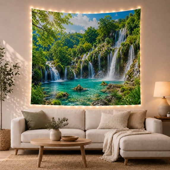 Vibrant Waterfall Cascade in Lush Forest Serene Digital Art for Nature Lovers Forest Scene Art Housewarming Gift Tapestry Wall Hanging for Bedroom and Living Room