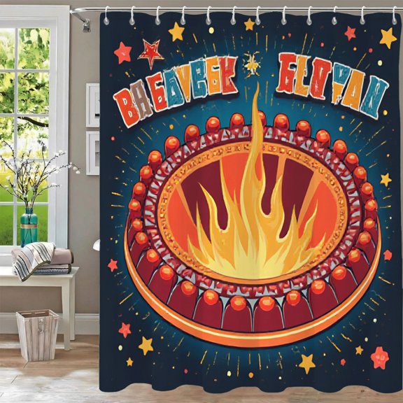 Vibrant Waterproof Shower Curtain with Colorful Fire Pit Design & Circular Pattern 70.8" x 70.8" Includes Grommets & Hooks
