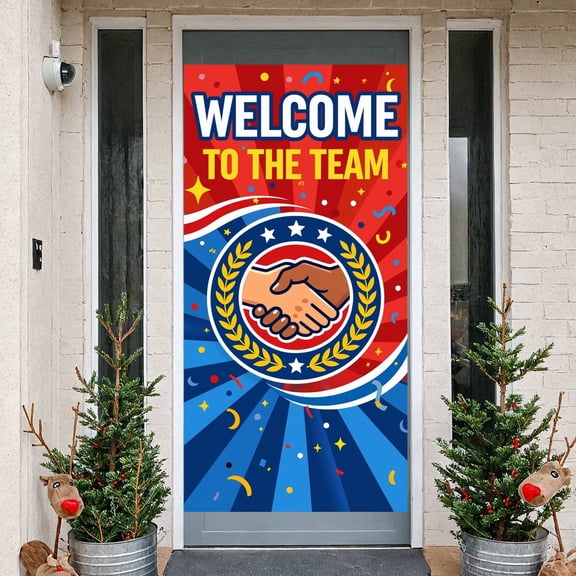 Vibrant Welcome Team Banner Handshake Graphic Onboarding Backdrop Lettering Star Accents Office Welcome Background for Office Onboarding New Hire Party Workplace Welcome