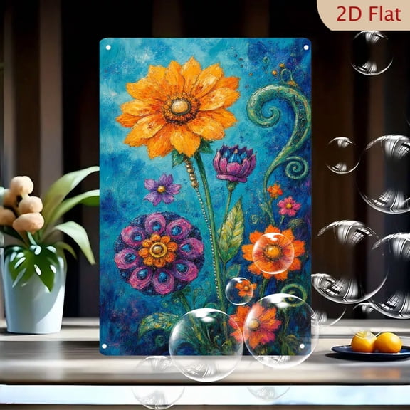 Vibrant Whimsical Garden Wall Art 8x12 Inches, Orange Flower & Purple Bloom on Blue Swirl Background, Textured Metal Tin Sign with Magical Fantasy Nature Scene for Home Decor