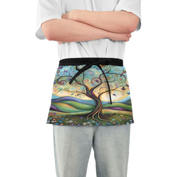 Vibrant Whimsical Tree Server Apron with 3 Pockets Waterproof Waitress Waist Short Apron for Man Woman 12 Inches